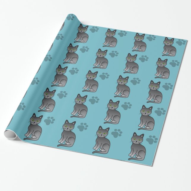 Papel De Presente Padrão de Gato Azul Russo Fofo (Desenrolado)
