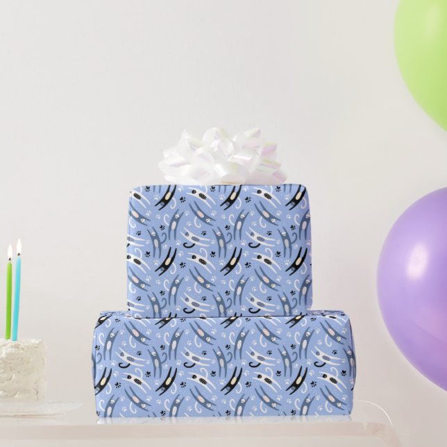 Papel De Presente Padrão de Gato de Cartoon Azul Branco Branco-Cinto (Presentes para festas)