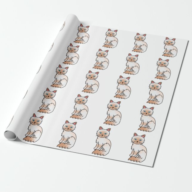 Papel De Presente Padrão de Gato Fofo Birman / Ragdoll Ponto Vermelh (Desenrolado)