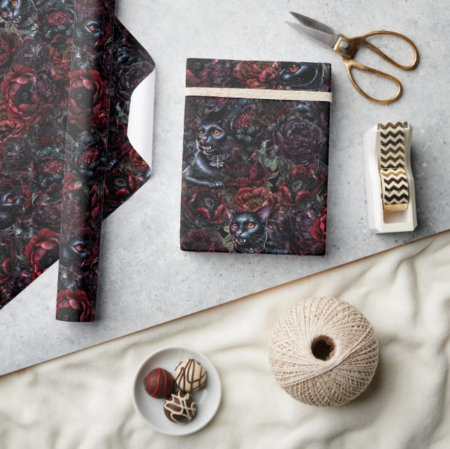 Papel De Presente Padrão de Gato Preto Gótico e Flores Escuras (Artesanato)