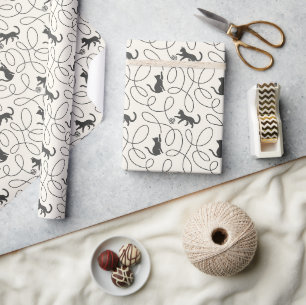 Papel De Presente Padrão de Gato Preto Neutro e Bola de Linha
