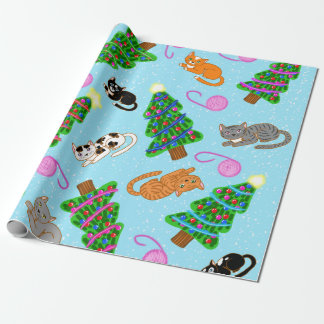 Papel De Presente Padrão de gatos da árvore de Natal por Katy Christ