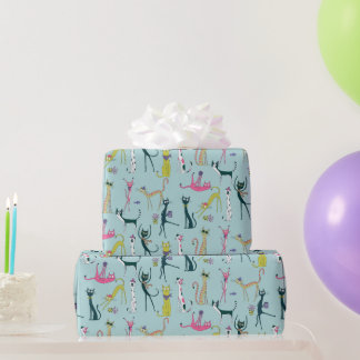 Papel De Presente Padrão de Gatos Excêntricos e Coloridos Divertidos