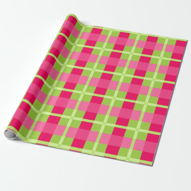 Papel De Presente Padrão de Gingham Rosa e Verde (Desenrolado)
