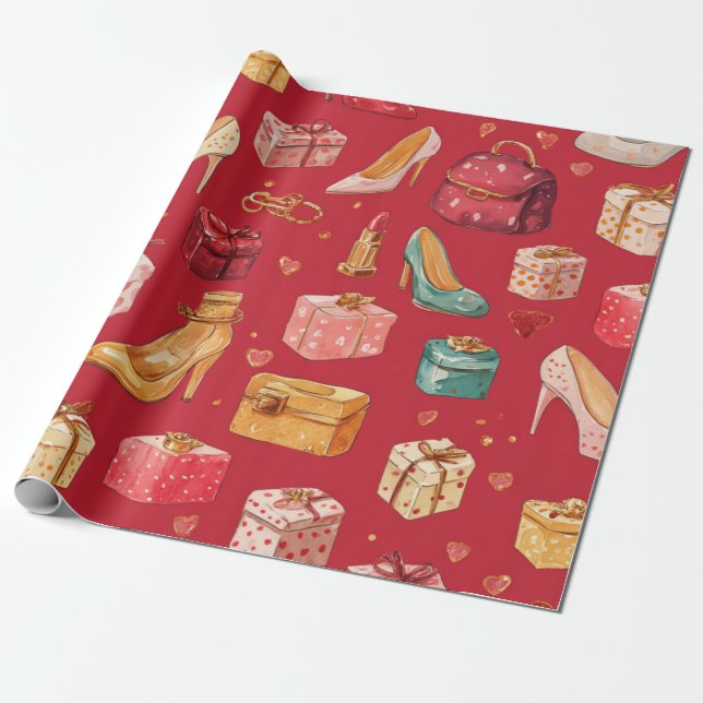 Papel De Presente Padrão de Glamour de Natal Coquette Vermelho (Desenrolado)