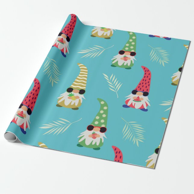 Papel De Presente Padrão de gnomo fofo de verão segurando frutas  (Desenrolado)