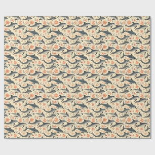 Papel De Presente Padrão de Golfinho em Aquarela Costa Oceano Coral
