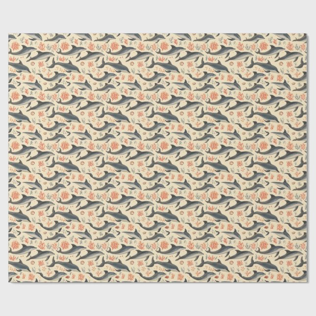 Papel De Presente Padrão de Golfinho em Aquarela Costeiro Oceano Cor (Aberto)