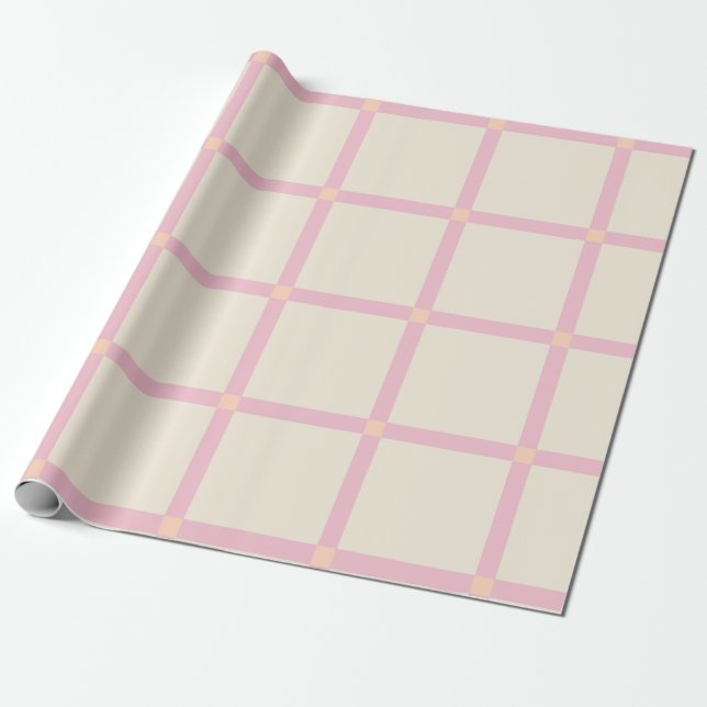 Papel De Presente Padrão de Grade Bege e Rosa Suave (Desenrolado)