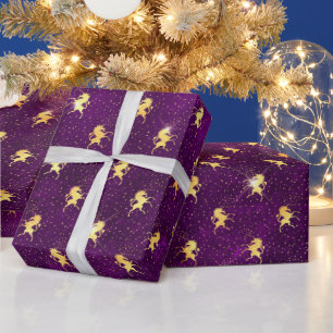Papel De Presente Padrão de Grade de Unicórnio Dourado em Roxo Fundo