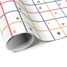 Papel De Presente Padrão de Grade Geométrica com Corações Espalhados