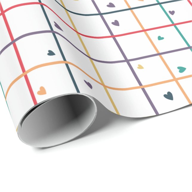 Papel De Presente Padrão de Grade Geométrica com Corações Espalhados (Ponta do rolo)