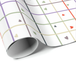 Papel De Presente Padrão de Grade Geométrica com Corações Espalhados