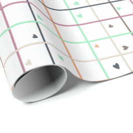 Papel De Presente Padrão de Grade Geométrica com Corações Espalhados
