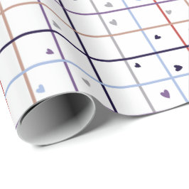 Papel De Presente Padrão de Grade Geométrica com Corações Espalhados