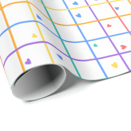 Papel De Presente Padrão de Grade Geométrica com Corações Espalhados