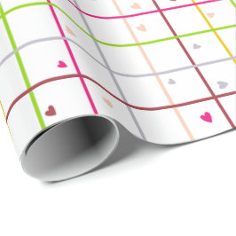 Papel De Presente Padrão de Grade Geométrica com Corações Espalhados