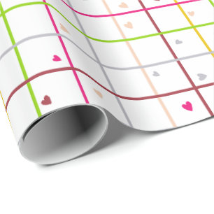 Papel De Presente Padrão de Grade Geométrica com Corações Espalhados