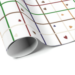 Papel De Presente Padrão de Grade Geométrica com Corações Espalhados