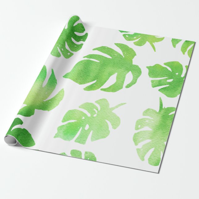 Papel De Presente Padrão de Grandes Folhas de Cores Verdes Tropicais (Desenrolado)