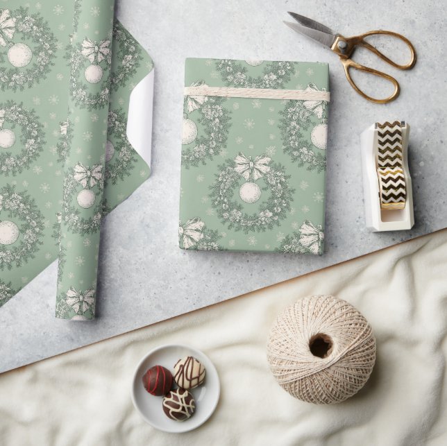 Papel De Presente Padrão de Grinalda de Natal em Toile Verde (Artesanato)