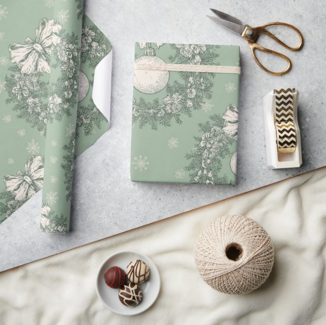 Papel De Presente Padrão de Grinalda de Natal em Toile Verde (Artesanato)