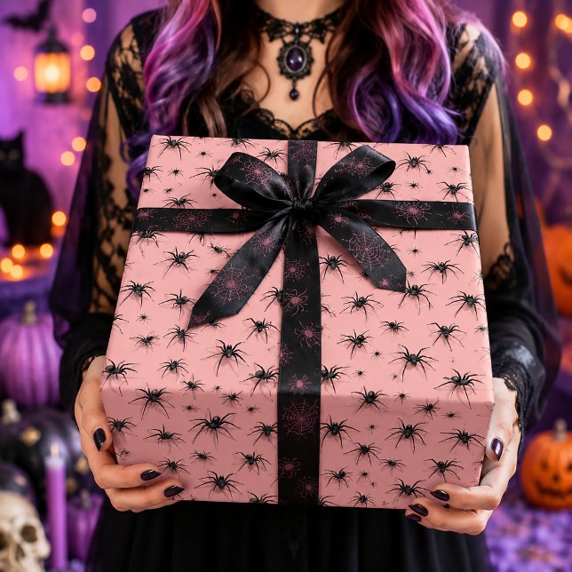 Papel De Presente Padrão de Halloween de Aranha Preta Rosa Assustado (Criador carregado)