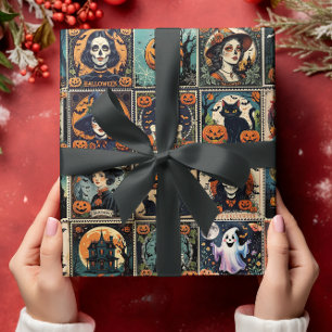 Papel De Presente Padrão de Halloween de Bruxa de Abóbora Retro Vint