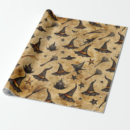 Papel De Presente Padrão de Halloween de Chapéus de Bruxa e Vassoura