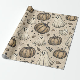 Papel De Presente Padrão de Halloween de Fantasmas e Pumpkins Vintag