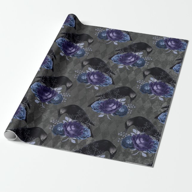 Papel De Presente Padrão de Halloween de Floral Gótico Corvo (Desenrolado)