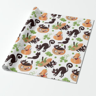 Papel De Presente Padrão De Halloween De Gato Preto E Abóbora