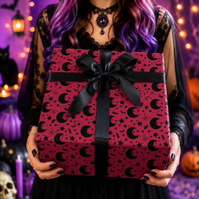 Papel De Presente Padrão de Halloween de Lua Crescente Celestial Ros (Criador carregado)