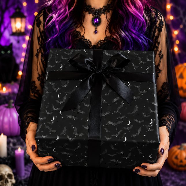 Papel De Presente Padrão de Halloween de Morcegos Pretos Góticos (Criador carregado)