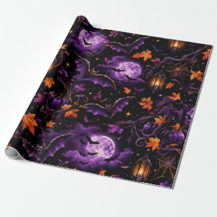 Papel De Presente Padrão de Halloween de Outono de Morcego Roxo Pret