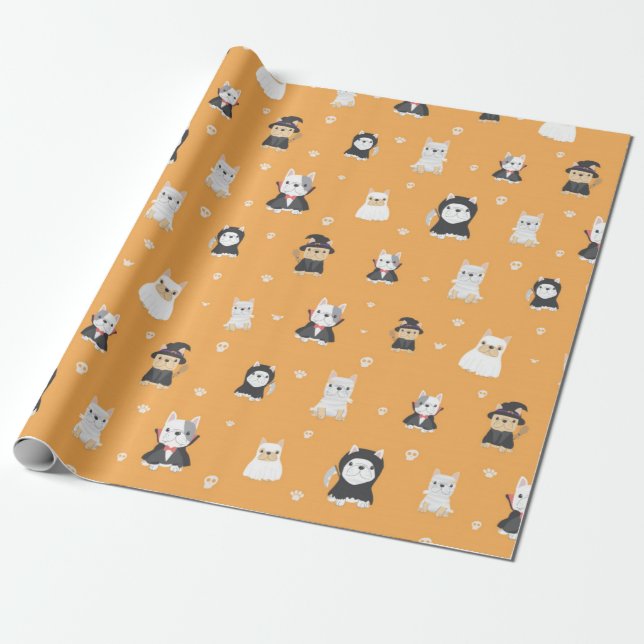 Papel De Presente Padrão de Halloween de Pug Fofos (Desenrolado)