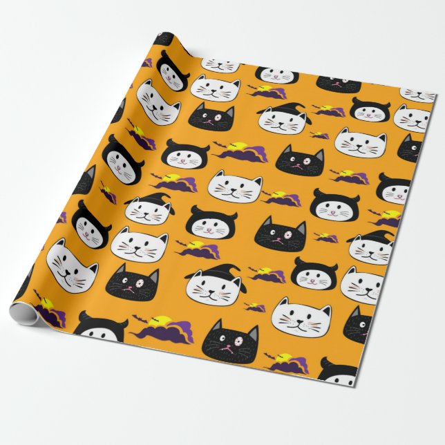 Papel De Presente Padrão de Halloween de Rosto de Gato Fofo (Desenrolado)