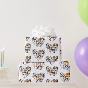 Papel De Presente Padrão de Halloween em Coração Branco Halloween