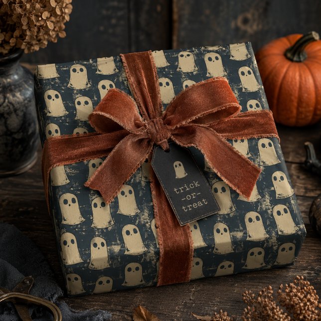 Papel De Presente Padrão de Halloween Fantasmas Grunge Retro (Criador carregado)