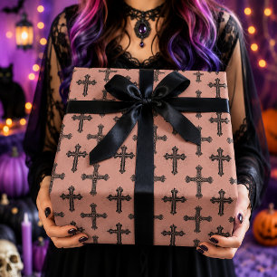 Papel De Presente Padrão de Halloween Rosa de Cruz Gótica e Teia de 
