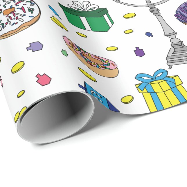 Papel De Presente Padrão de Hanukkah Branco (Ponta do rolo)