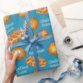 Papel De Presente Padrão de Hanukkah de Latkes Azuis e Pão Challah