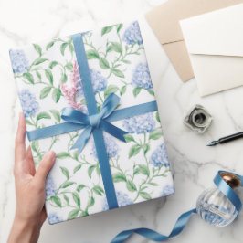 Papel De Presente Padrão de Hortênsia Azul Floral Botânico Aquarela