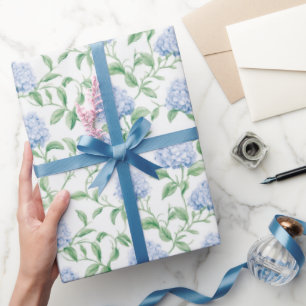 Papel De Presente Padrão de Hortênsia Azul Floral Botânico Aquarela