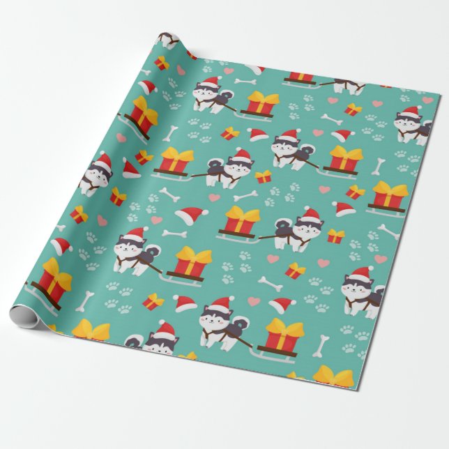 Papel De Presente Padrão de Husky de Natal (Desenrolado)