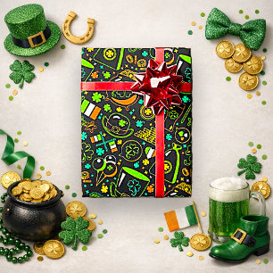 Papel De Presente Padrão de Ícone Irlandês Falso Néon do Dia de São 