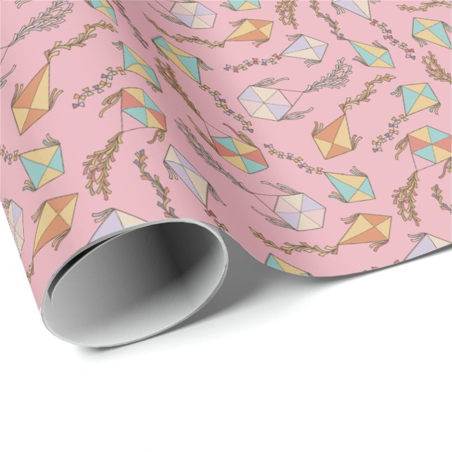 Papel De Presente Padrão de Ícones de pipa rosa (Ponta do rolo)
