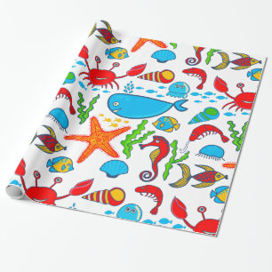 Papel De Presente Padrão de Ilustração de Vida Útil do Mar Corante