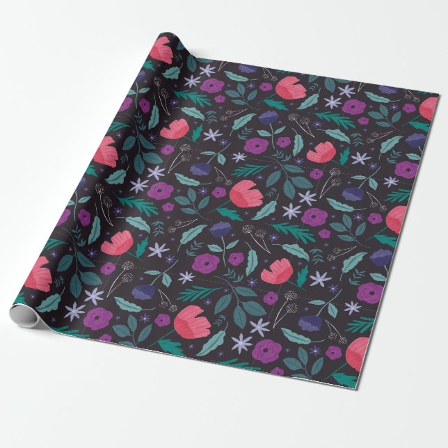 Papel De Presente Padrão de Ilustração Floral Rosa e Roxo (Desenrolado)