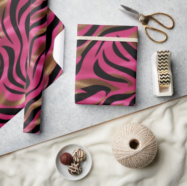 Papel De Presente Padrão de Impressão Animal Dourado de Zebra Rosa P (Artesanato)